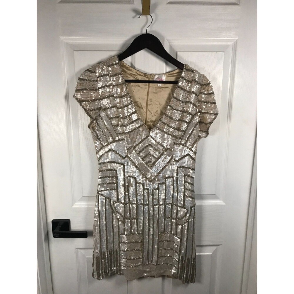 Parker Silver Geometric Sequin Beaded Scoop Neck Mini Dress Size L